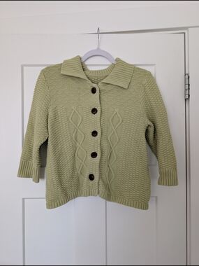 Light Green Button-Front Knit Sweater with Collar